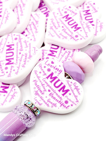 Mum Heart Focal Bead – “Mum” Printed Silicone Pen & Keychain Bead (Set of 2)