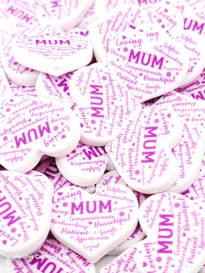 Mum Heart Focal Bead – “Mum” Printed Silicone Pen & Keychain Bead (Set of 2)