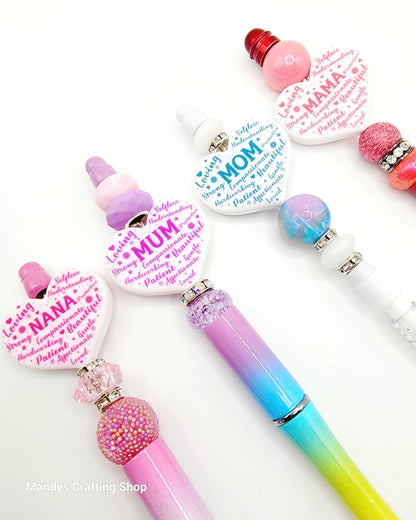 Mum Heart Focal Bead – “Mum” Printed Silicone Pen & Keychain Bead (Set of 2)