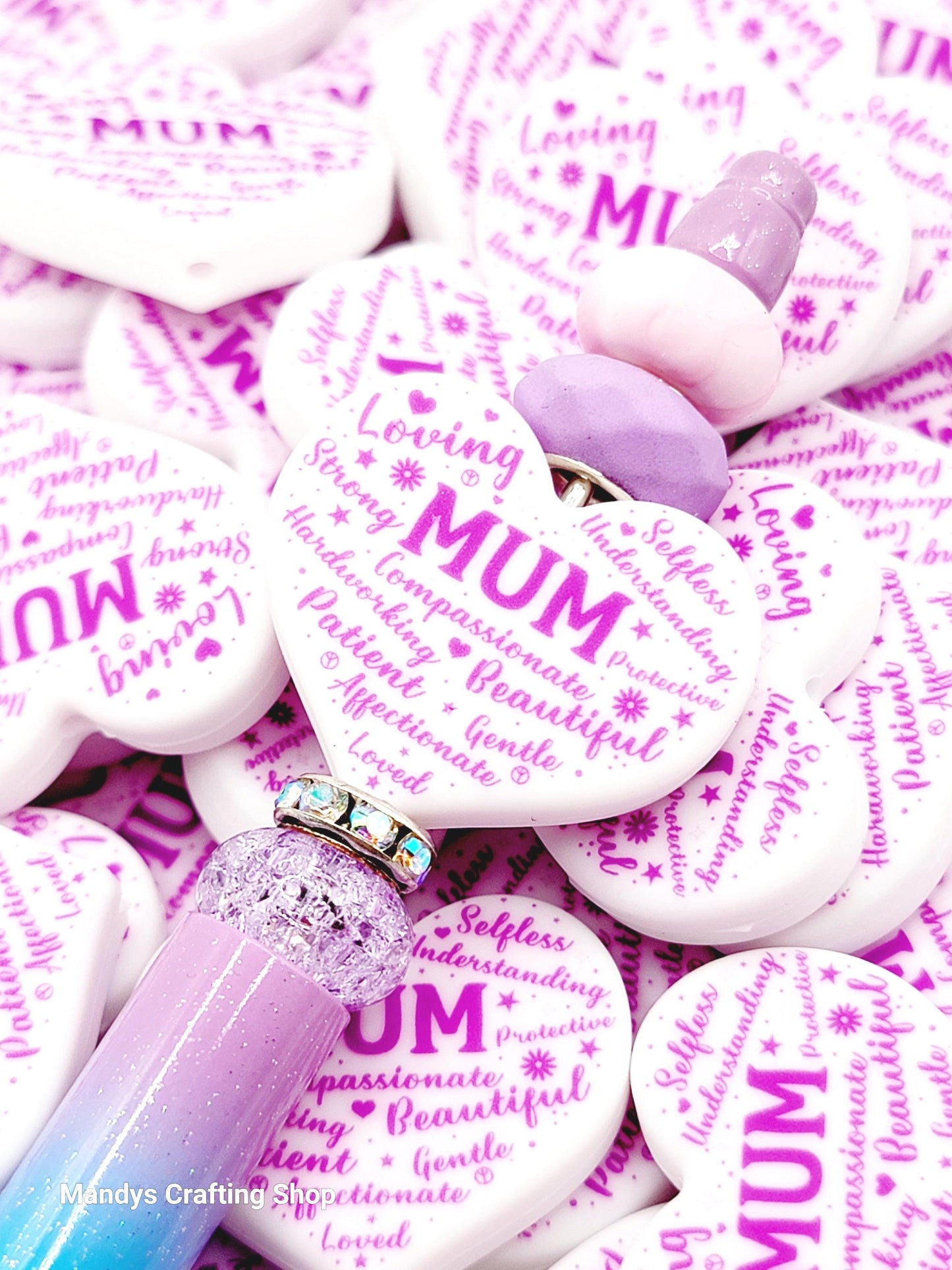 Mum Heart Focal Bead – “Mum” Printed Silicone Pen & Keychain Bead (Set of 2)