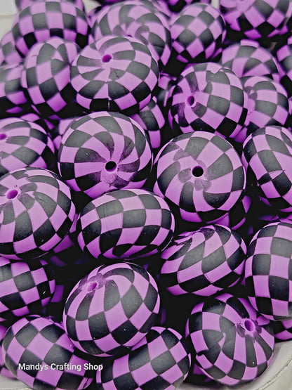 Purple Black Checker Print Abacus Silicone Beads Matte– 20mm (Set of 5)
