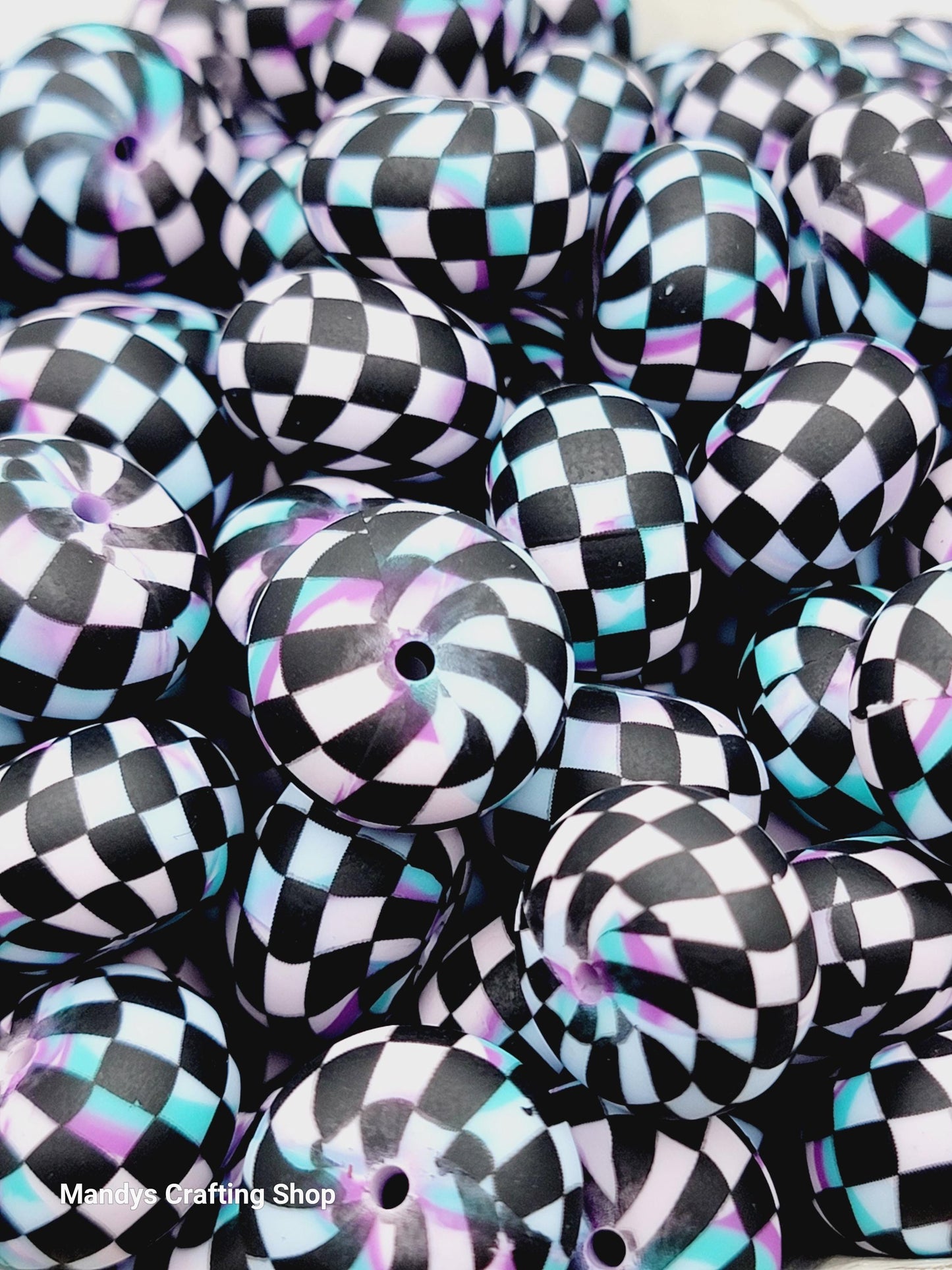 Purple, Pink, Blue & Black Checker Print Abacus Silicone Beads Matte– 20mm (Set of 5)