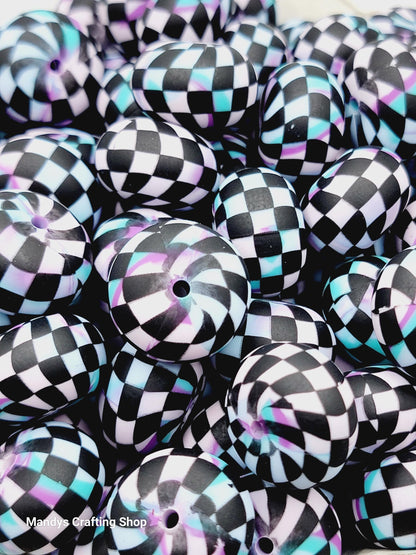 Purple, Pink, Blue & Black Checker Print Abacus Silicone Beads Matte– 20mm (Set of 5)