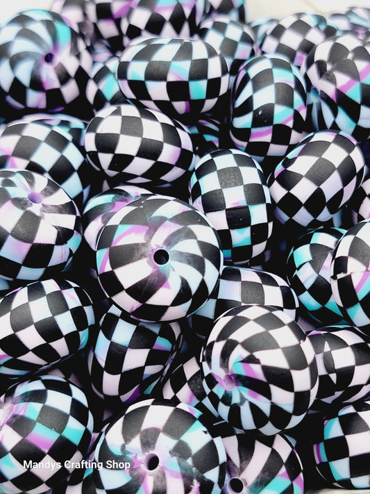 Purple, Pink, Blue & Black Checker Print Abacus Silicone Beads Matte– 20mm (Set of 5)