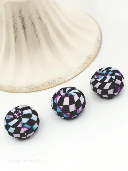 Purple, Pink, Blue & Black Checker Print Abacus Silicone Beads Matte– 20mm (Set of 5)