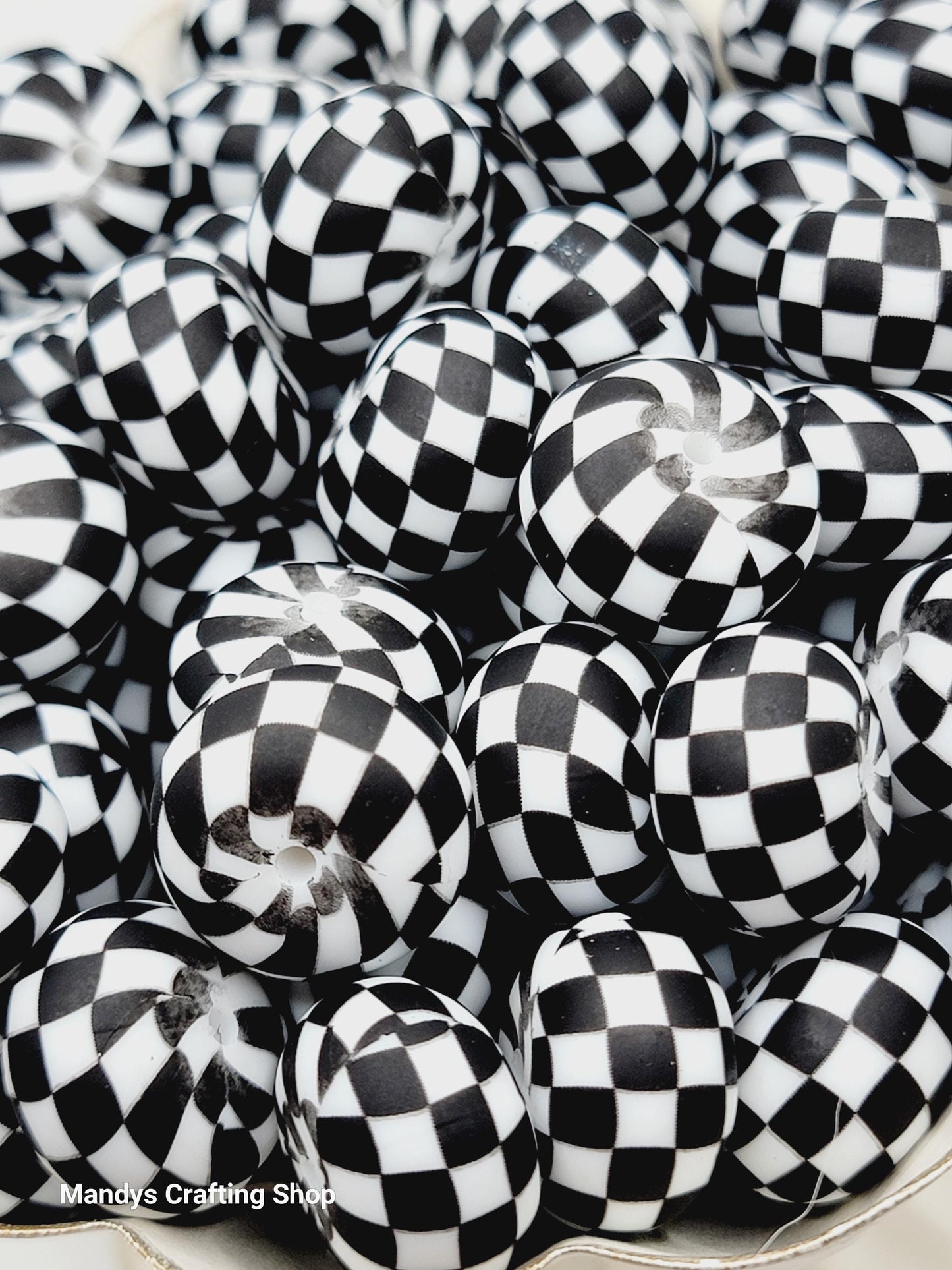 White Black Checker Print Abacus Silicone Beads Matte– 20mm (Set of 5)