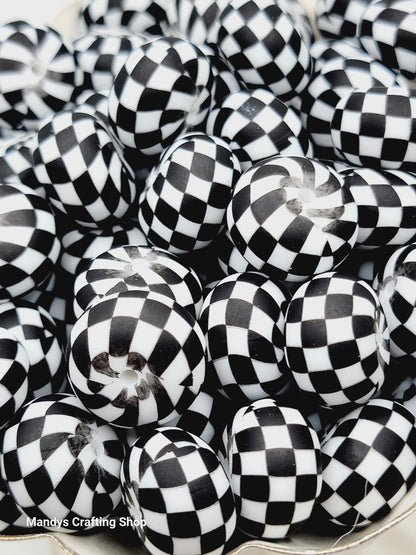 White Black Checker Print Abacus Silicone Beads Matte– 20mm (Set of 5)