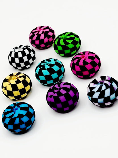 Yellow Black Checker Print Abacus Silicone Beads Matte– 20mm (Set of 5)