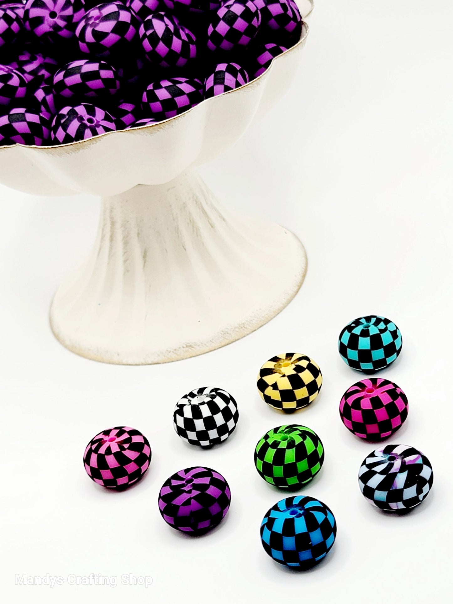 Yellow Black Checker Print Abacus Silicone Beads Matte– 20mm (Set of 5)