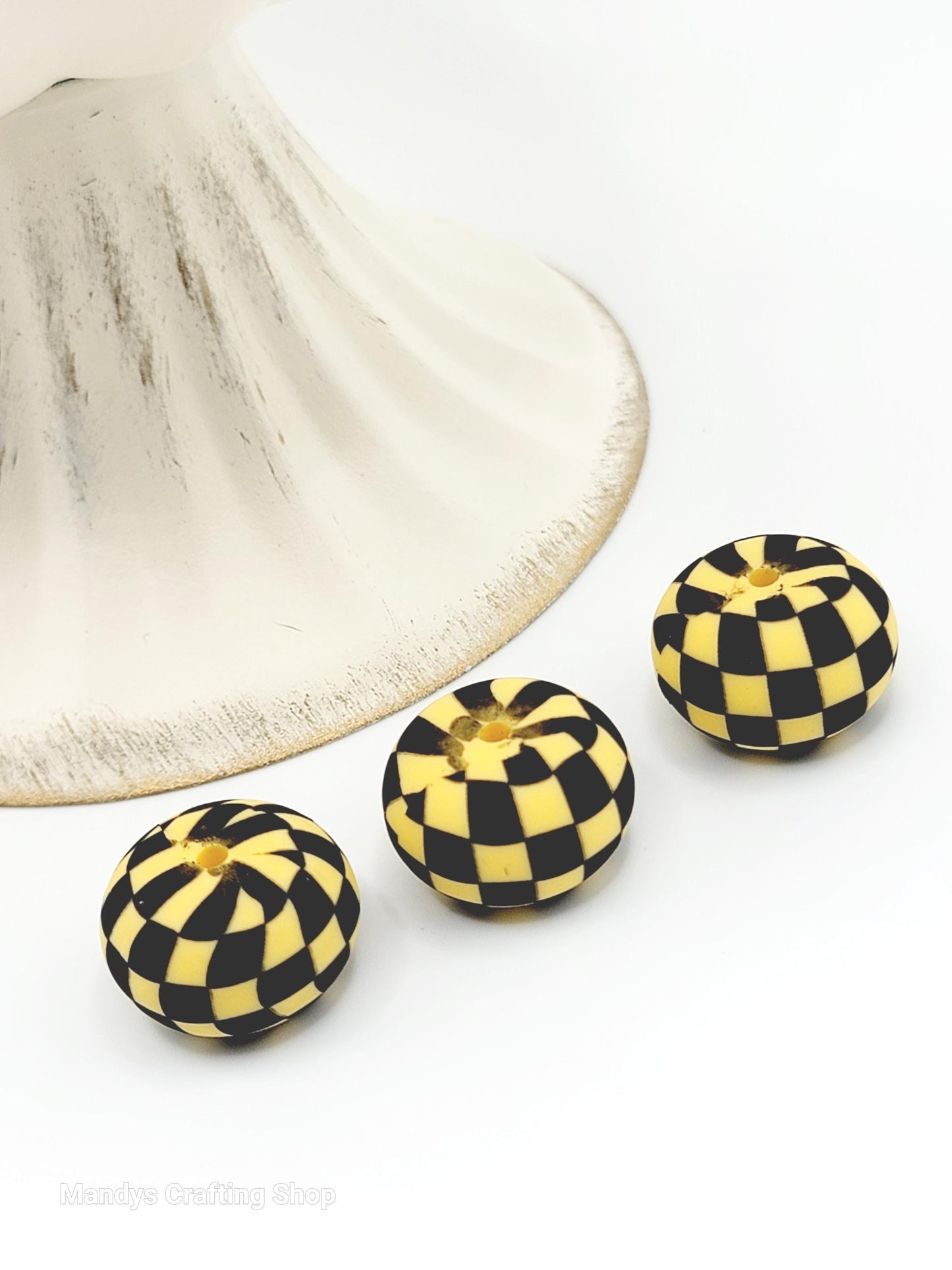 Yellow Black Checker Print Abacus Silicone Beads Matte– 20mm (Set of 5)
