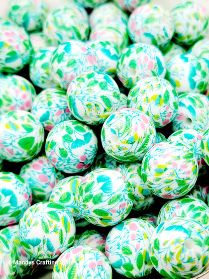 15mm Printed Bright Green Floral Print Silicone Bead – Round Flower Beads for Pens & Wristlets