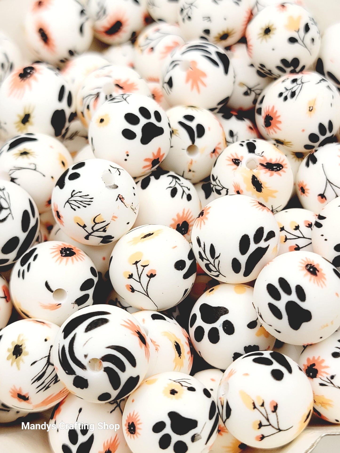 15mm Printed Floral Paw Print Silicone Bead – Round Pet Paw Beads for Pens & Wristlets