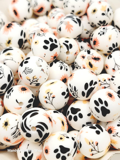 15mm Printed Floral Paw Print Silicone Bead – Round Pet Paw Beads for Pens & Wristlets