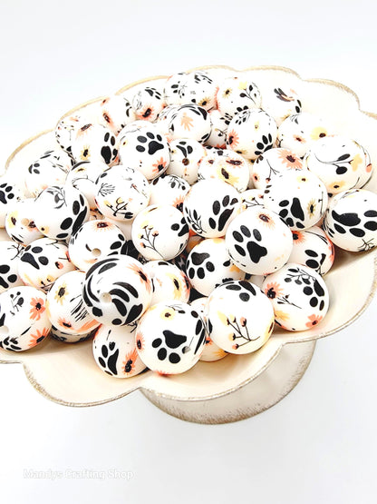 15mm Printed Floral Paw Print Silicone Bead – Round Pet Paw Beads for Pens & Wristlets