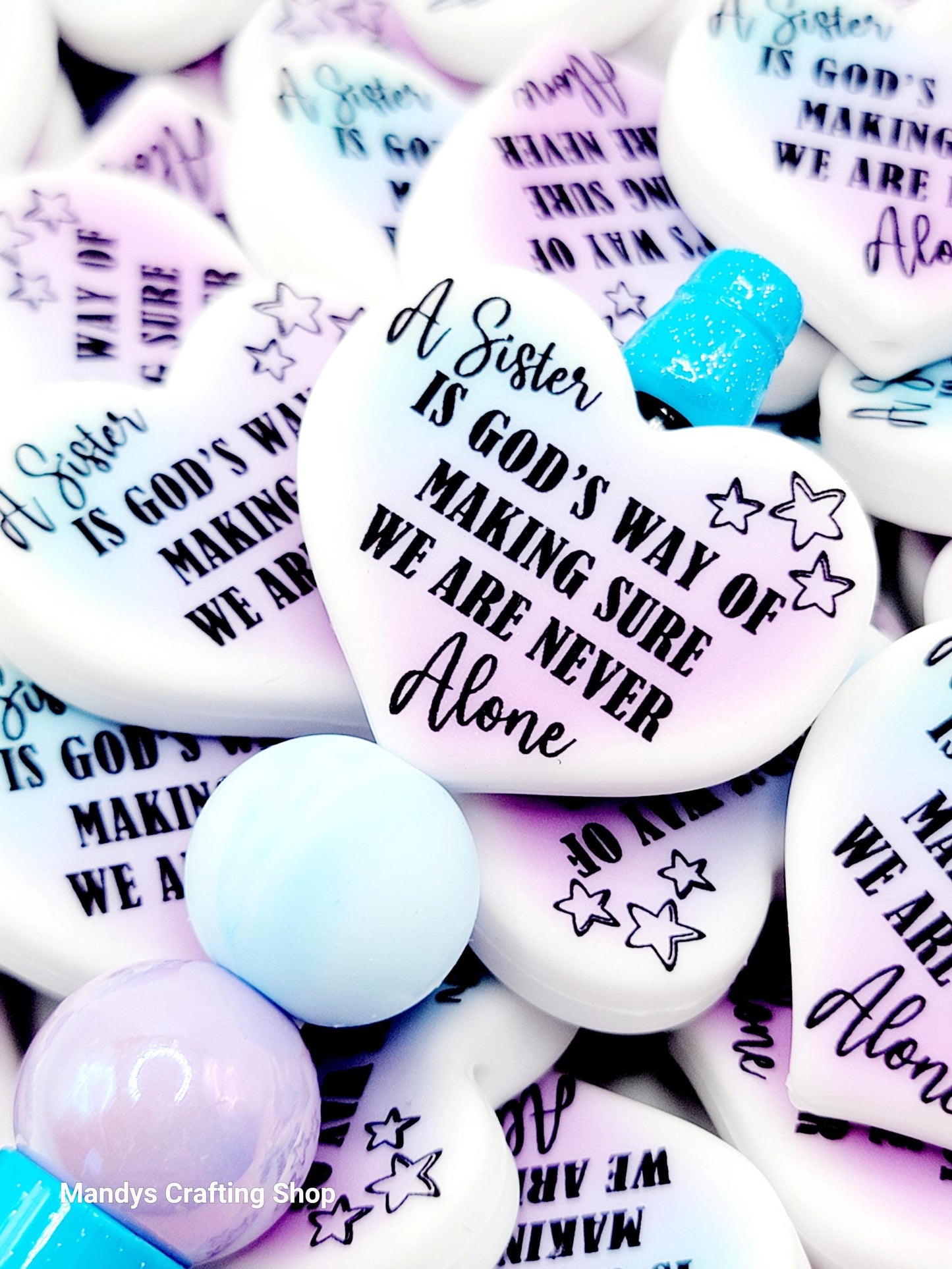 Sister Heart Focal Bead – “A Sister Is God’s Way of…” Printed Silicone Pen & Keychain Bead (Set of 2)