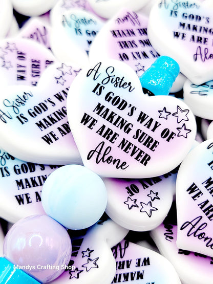 Sister Heart Focal Bead – “A Sister Is God’s Way of…” Printed Silicone Pen & Keychain Bead (Set of 2)