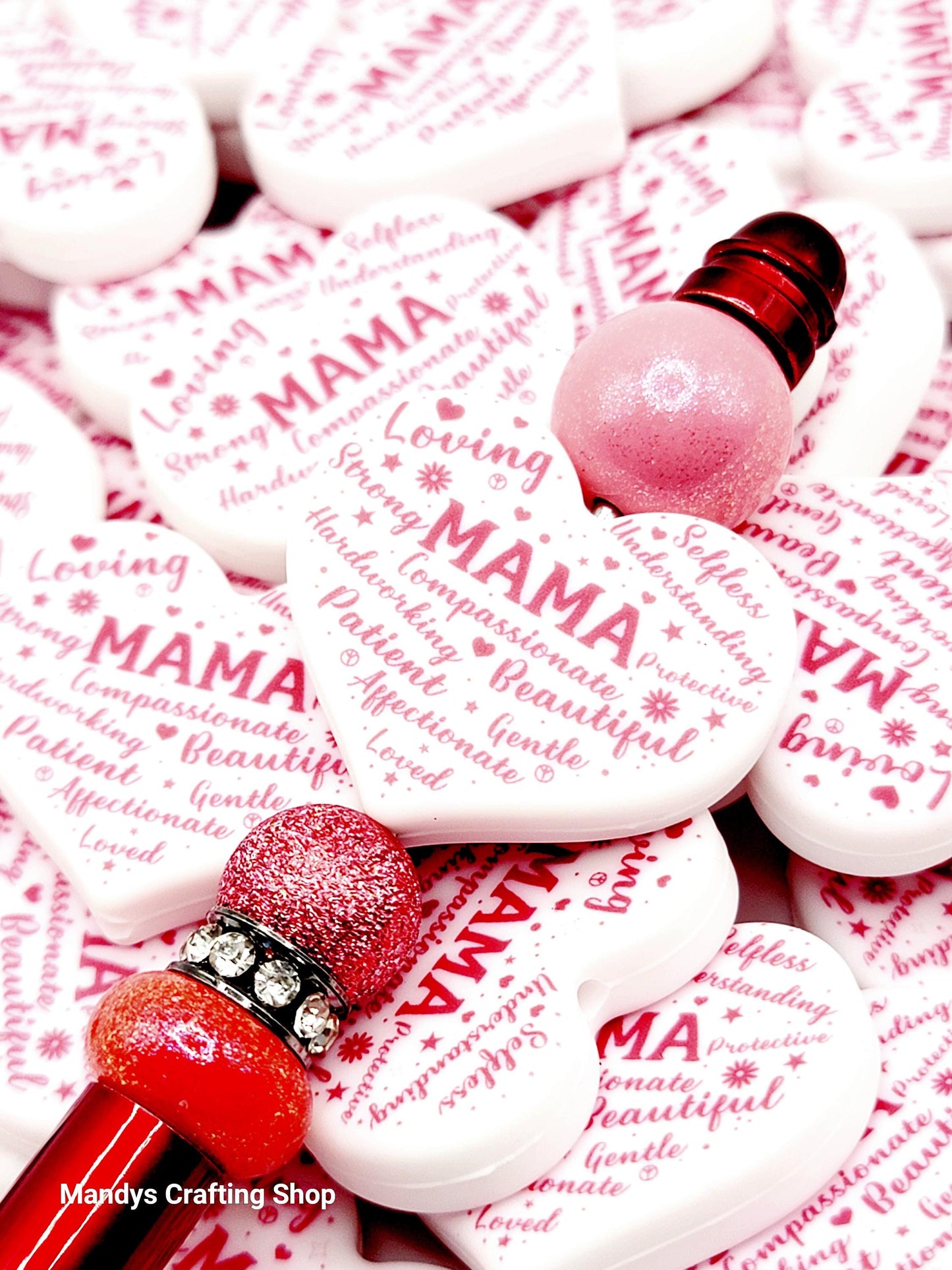 Mama Heart Focal Bead – “Mama” Printed Silicone Pen & Keychain Bead (Set of 2)