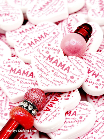 Mama Heart Focal Bead – “Mama” Printed Silicone Pen & Keychain Bead (Set of 2)