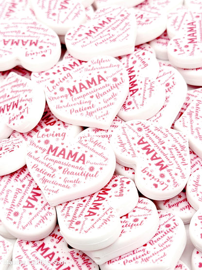 Mama Heart Focal Bead – “Mama” Printed Silicone Pen & Keychain Bead (Set of 2)