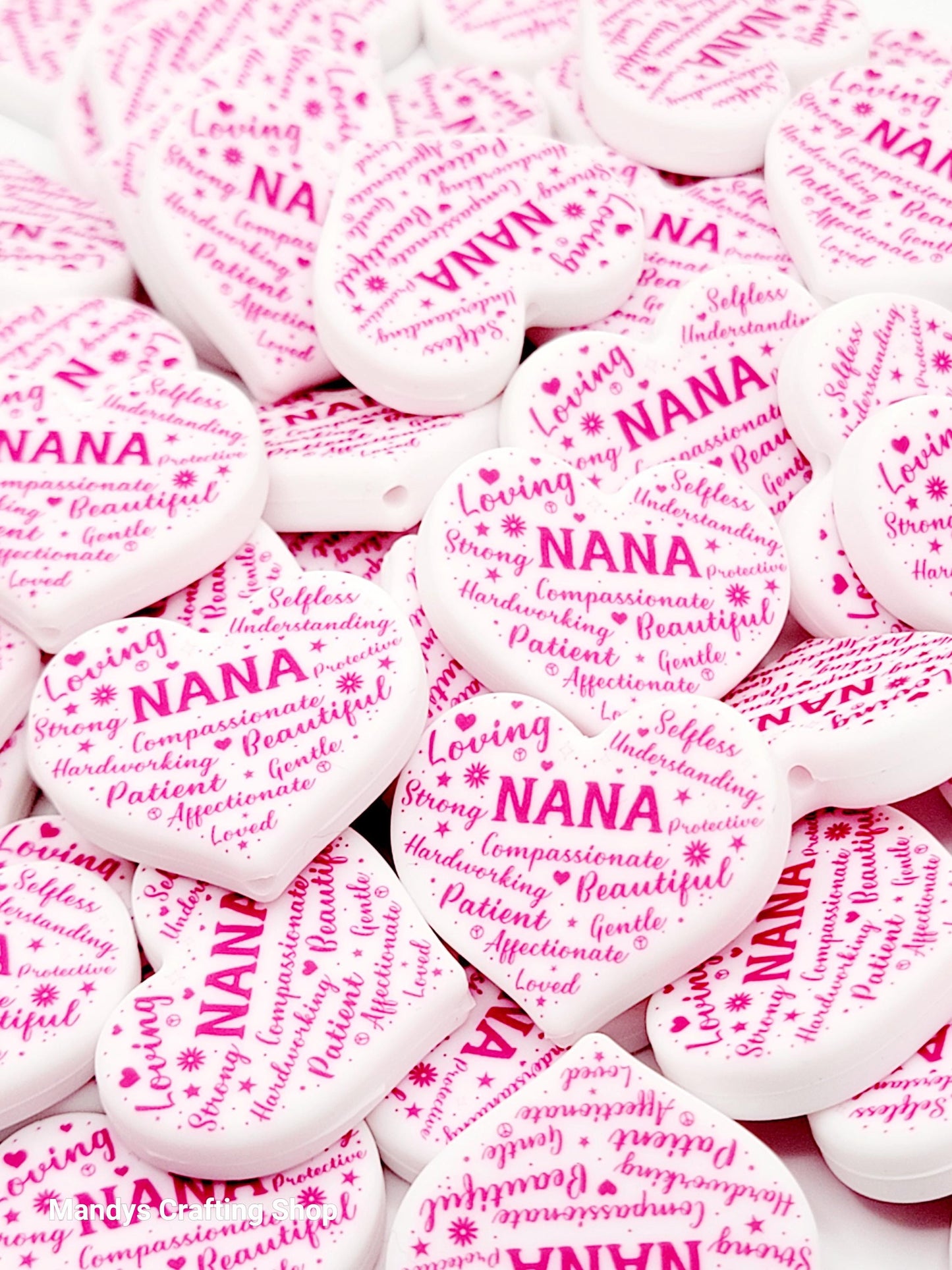 Pink Nana Heart Focal Bead – Printed Silicone Mother’s Day Pen & Keychain Bead (Set of 2)