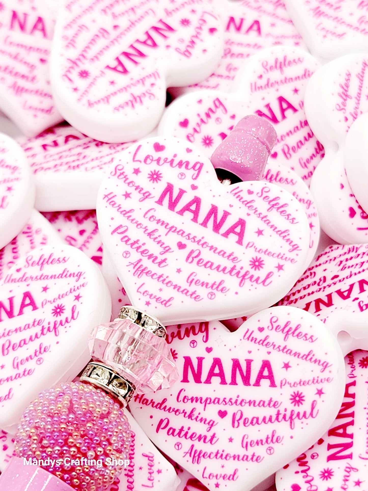 Pink Nana Heart Focal Bead – Printed Silicone Mother’s Day Pen & Keychain Bead (Set of 2)
