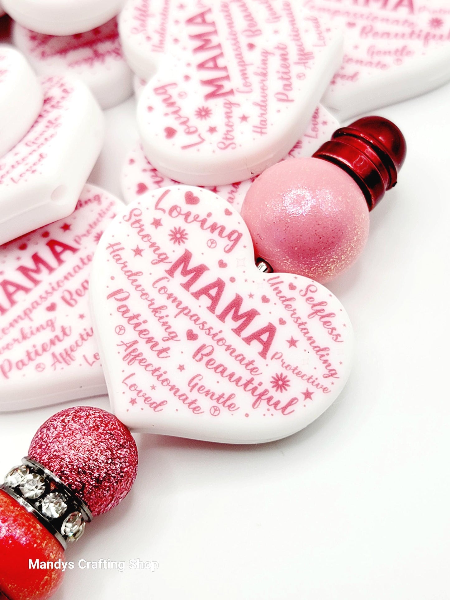 Mama Heart Focal Bead – “Mama” Printed Silicone Pen & Keychain Bead (Set of 2)