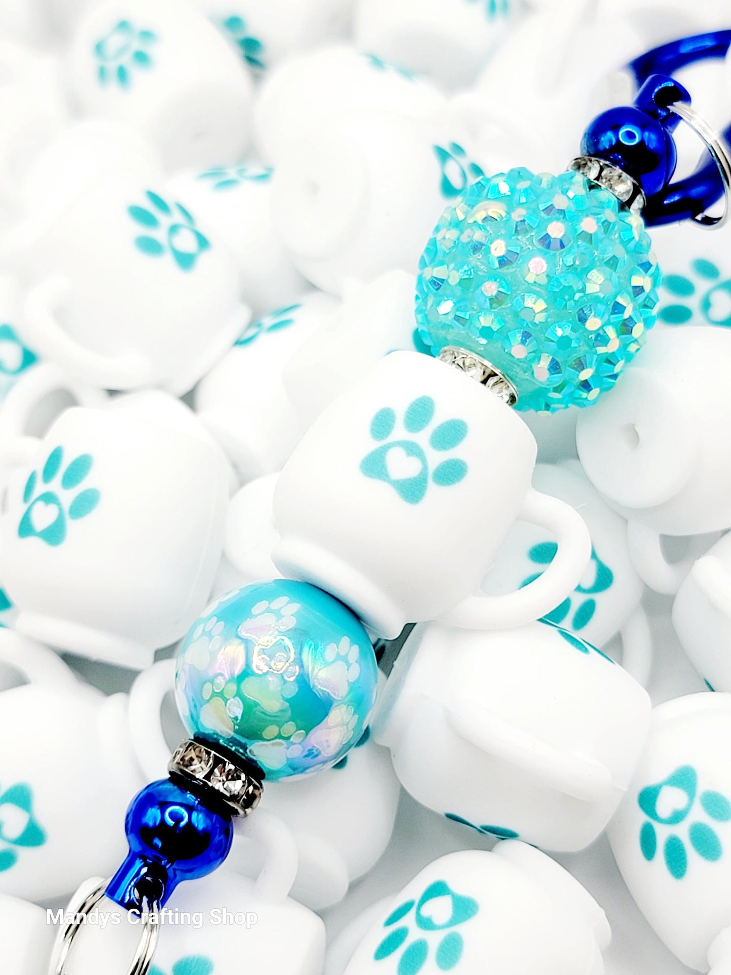 Turquoise Paw Print 3D Cup Silicone Focal Bead – Dog 3D Pen & Keychain Bead (Set of 1, 2 or 5)