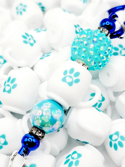 Turquoise Paw Print 3D Cup Silicone Focal Bead – Dog 3D Pen & Keychain Bead (Set of 1, 2 or 5)