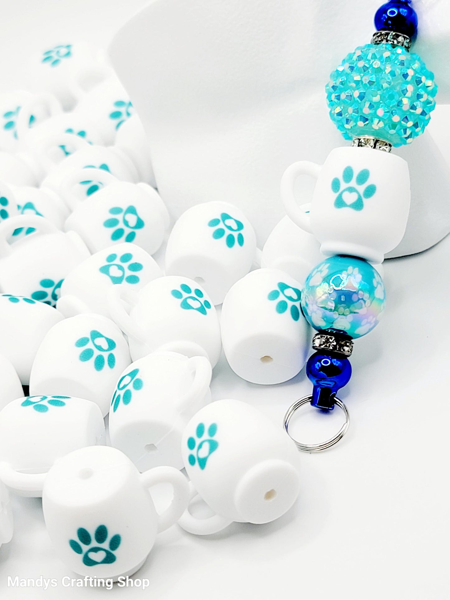 Turquoise Paw Print 3D Cup Silicone Focal Bead – Dog 3D Pen & Keychain Bead (Set of 1, 2 or 5)