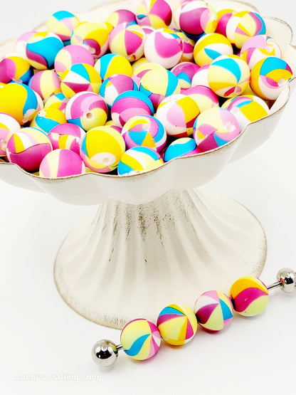 15mm Printed Rainbow Beach Ball Print Silicone Bead – Round Colorful Beads for Pens & Wristlets