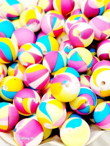 15mm Printed Rainbow Beach Ball Print Silicone Bead – Round Colorful Beads for Pens & Wristlets