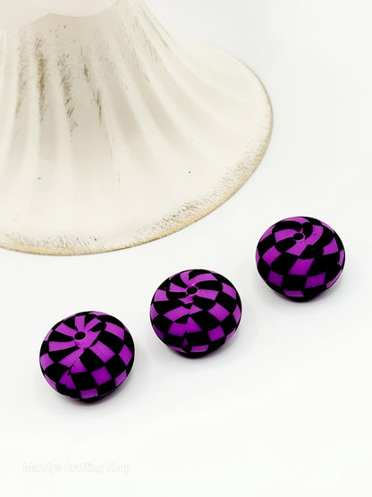 Purple Black Checker Print Abacus Silicone Beads Matte– 20mm (Set of 5)