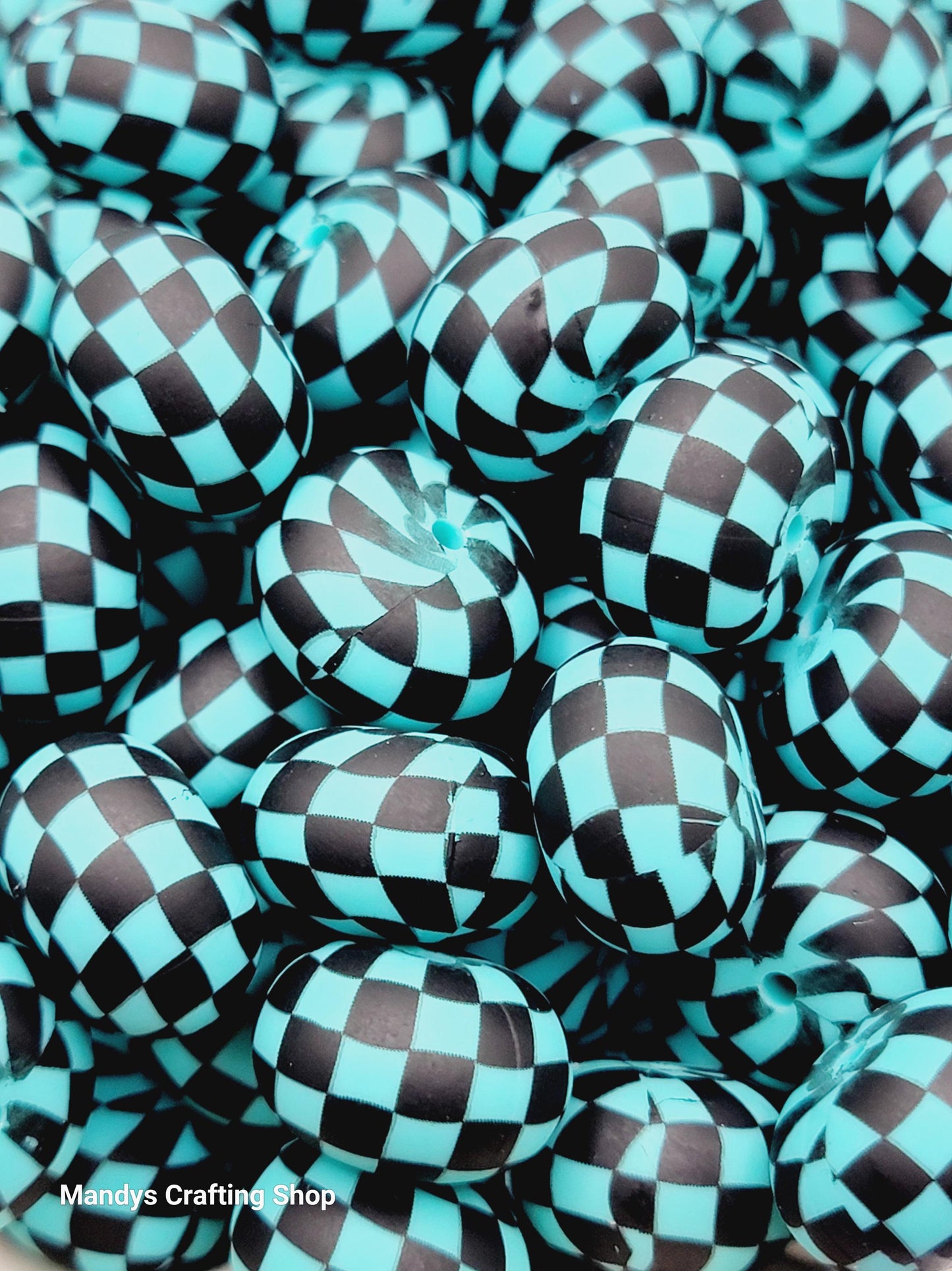 Turquoise Black Checker Print Abacus Silicone Beads Matte– 20mm (Set of 5)