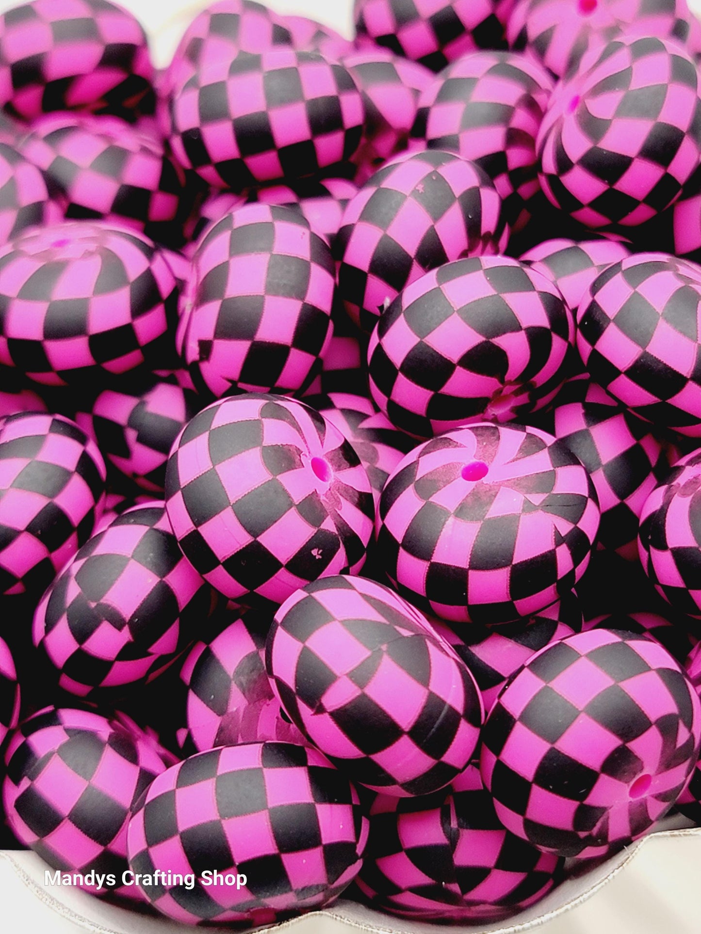 Hot Pink Black Checker Print Abacus Silicone Beads Matte– 20mm (Set of 5)