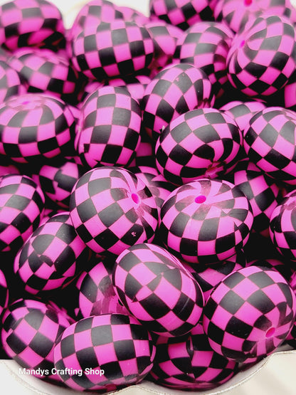 Hot Pink Black Checker Print Abacus Silicone Beads Matte– 20mm (Set of 5)