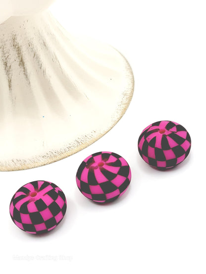 Hot Pink Black Checker Print Abacus Silicone Beads Matte– 20mm (Set of 5)