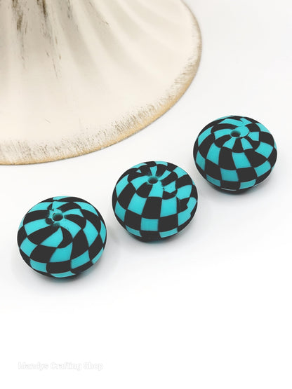 Turquoise Black Checker Print Abacus Silicone Beads Matte– 20mm (Set of 5)
