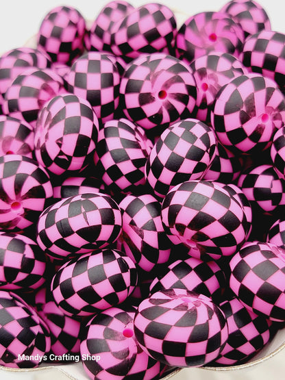 Pink Black Checker Print Abacus Silicone Beads Matte– 20mm (Set of 5)