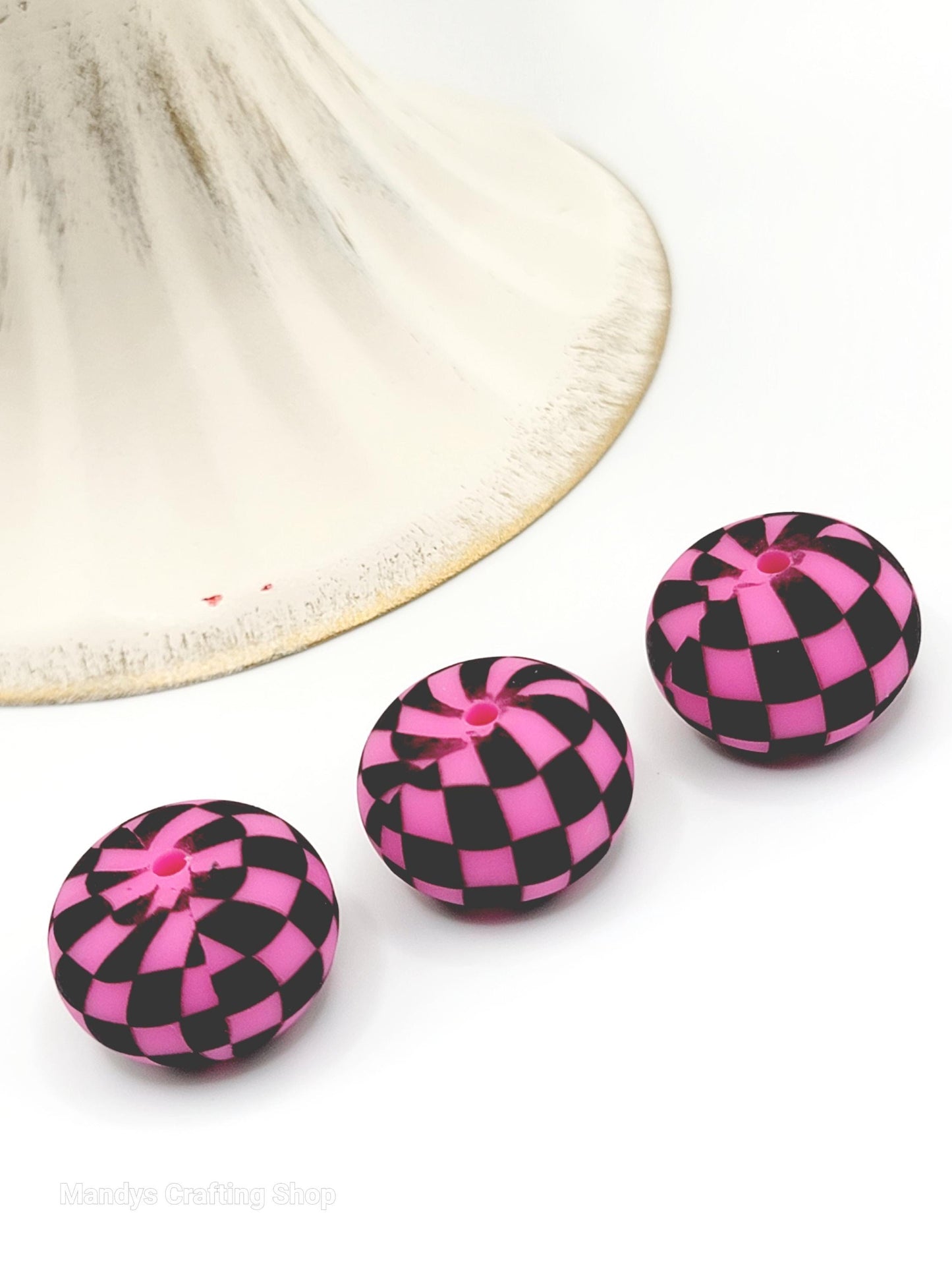 Pink Black Checker Print Abacus Silicone Beads Matte– 20mm (Set of 5)