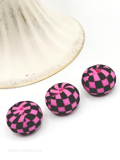 Pink Black Checker Print Abacus Silicone Beads Matte– 20mm (Set of 5)