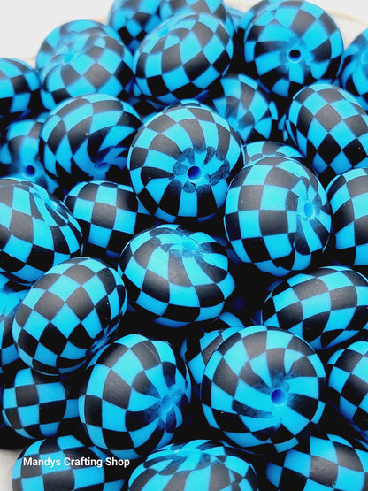 Blue Black Checker Print Abacus Silicone Beads Matte– 20mm (Set of 5)