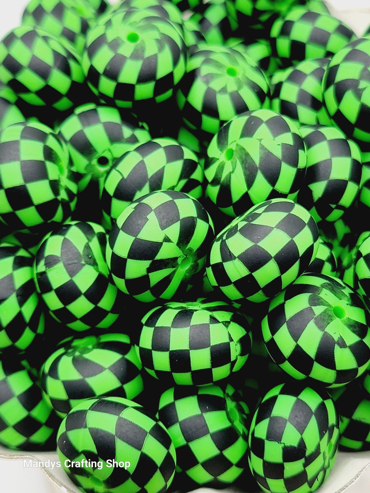 Green Black Checker Print Abacus Silicone Beads Matte– 20mm (Set of 5)