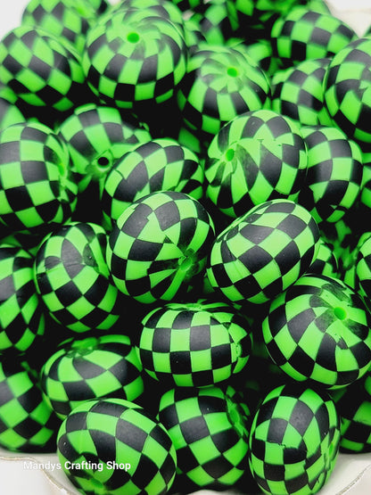 Green Black Checker Print Abacus Silicone Beads Matte– 20mm (Set of 5)