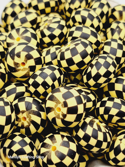 Yellow Black Checker Print Abacus Silicone Beads Matte– 20mm (Set of 5)