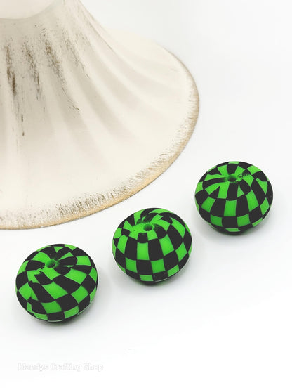 Green Black Checker Print Abacus Silicone Beads Matte– 20mm (Set of 5)