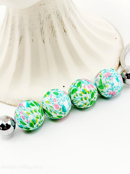 15mm Printed Bright Green Floral Print Silicone Bead – Round Flower Beads for Pens & Wristlets