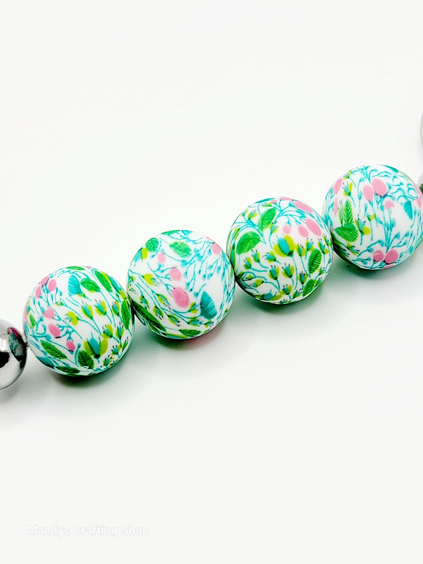 15mm Printed Bright Green Floral Print Silicone Bead – Round Flower Beads for Pens & Wristlets