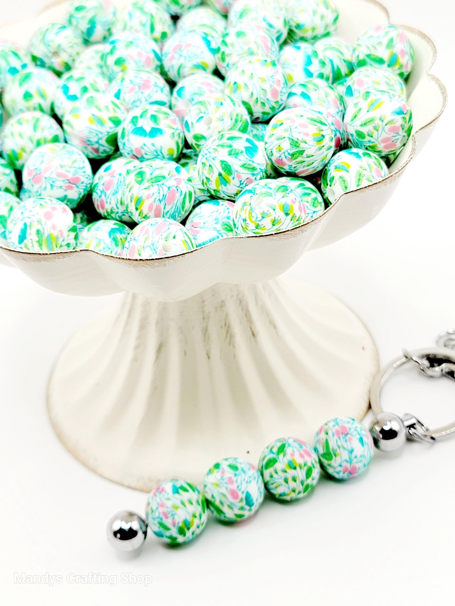 15mm Printed Bright Green Floral Print Silicone Bead – Round Flower Beads for Pens & Wristlets