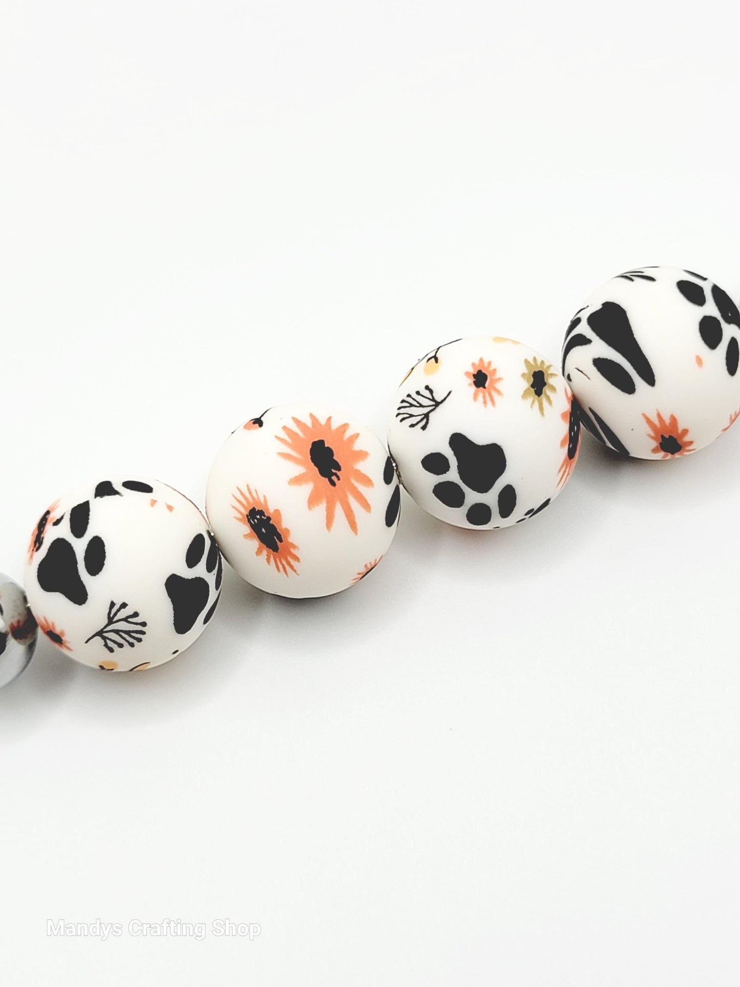 15mm Printed Floral Paw Print Silicone Bead – Round Pet Paw Beads for Pens & Wristlets