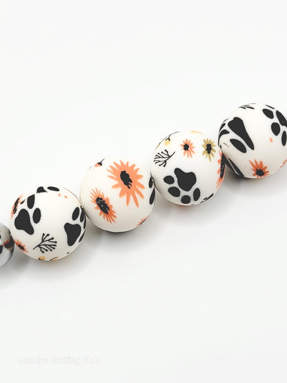 15mm Printed Floral Paw Print Silicone Bead – Round Pet Paw Beads for Pens & Wristlets